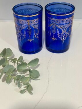 Blue Glass Moroccan-Inspired Tumbler Set with Gold Accents - Brand Unspecified